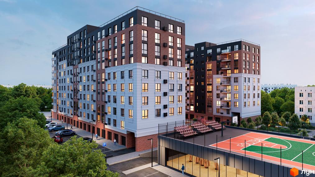 Житловий комплекс Магнолія Парк з цегляним та світлим фасадом, вікнами, балконами та спортивним майданчиком.