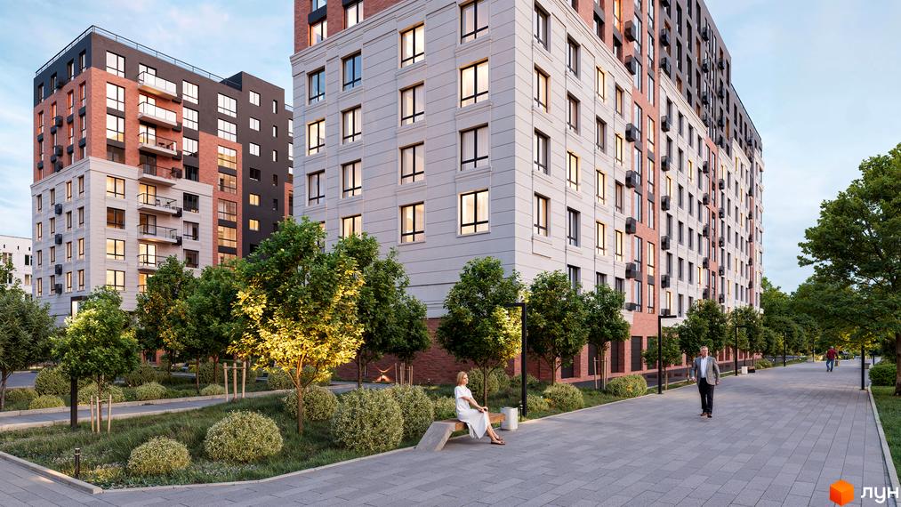 Житловий комплекс Магнолія Парк з цегляним та світлим фасадом, балконами та зеленим сквером з лавкою для відпочинку.
