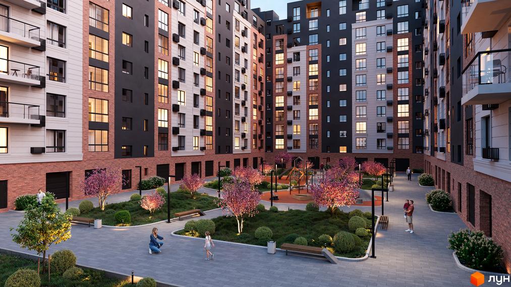 Житловий комплекс Магнолія Парк з фасадами з цегли та великими вікнами, внутрішнім двориком з дитячим майданчиком та зонами відпочинку.