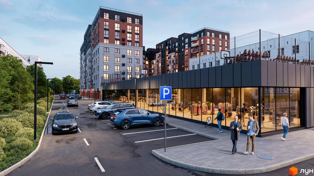 Житловий комплекс Магнолія Парк: фасади будинків з цегляним оздобленням та великими вікнами, паркінг та зелена зона біля будівель.