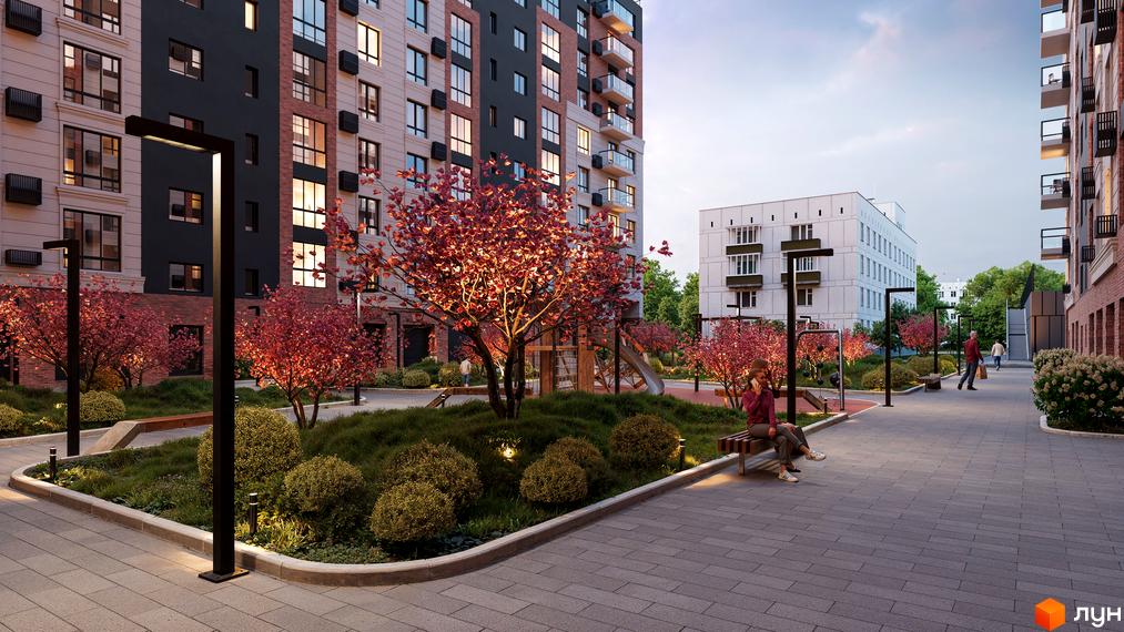 Житловий комплекс Магнолія Парк: фасади будівель та зелений двір з деревами та місцями для відпочинку.