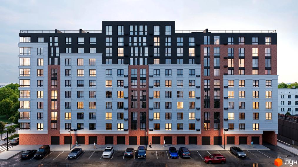 Фасад житлового комплексу Магнолія Парк з цегляними та світлими вставками, вікнами та парковкою з автомобілями.