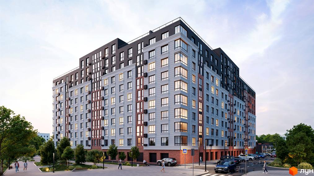 Зовнішній вигляд багатоповерхового будинку ЖК Магнолія Парк з сірими та цегляними фасадами, великими вікнами та прибудинковою територією з деревами та пішохідними доріжками.