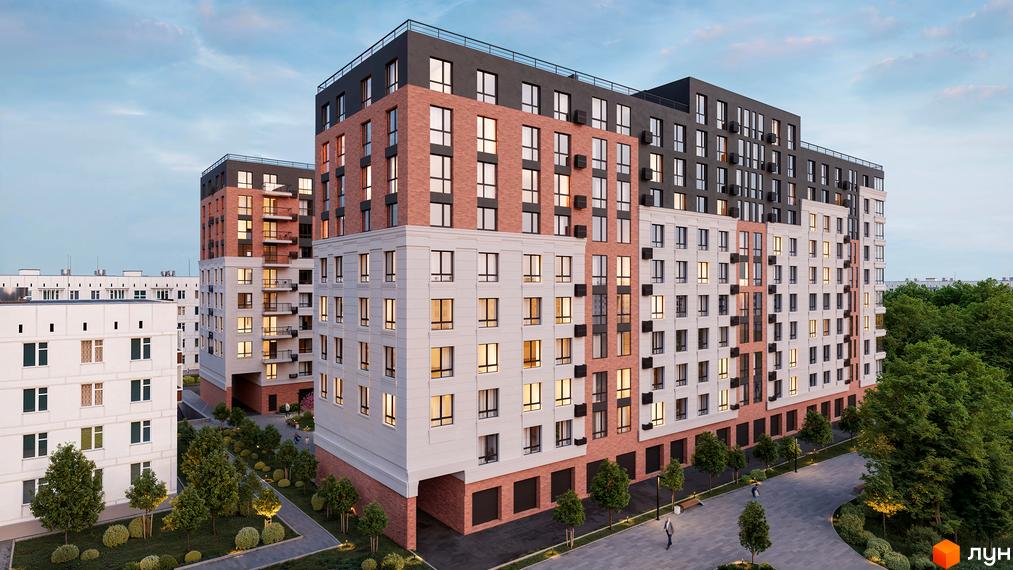 Зовнішній вигляд житлового комплексу Магнолія Парк з цегляним та білим фасадом, вікнами та балконами, на тлі блакитного неба. Прибудинкова територія з деревами та освітленням.