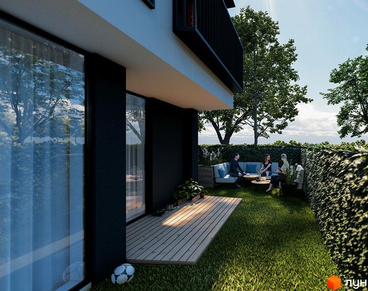 Зовнішній вигляд будинку ЖК 10AVENUE з терасою та зоною відпочинку на прибудинковій території з газоном та зеленими насадженнями.