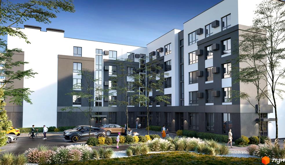 Зображення фасаду будівлі Житлового комплексу 10AVENUE з парковкою та прибудинковою територією з рослинністю та деревами.