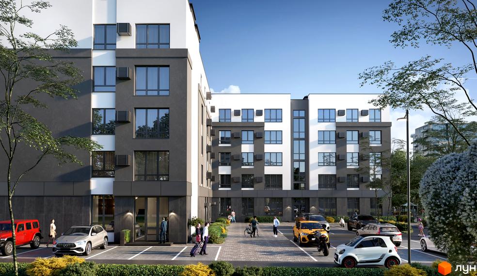 Зображення фасаду та прибудинкової території Житлового комплексу 10AVENUE. На передньому плані автомобілі та пішоходи.