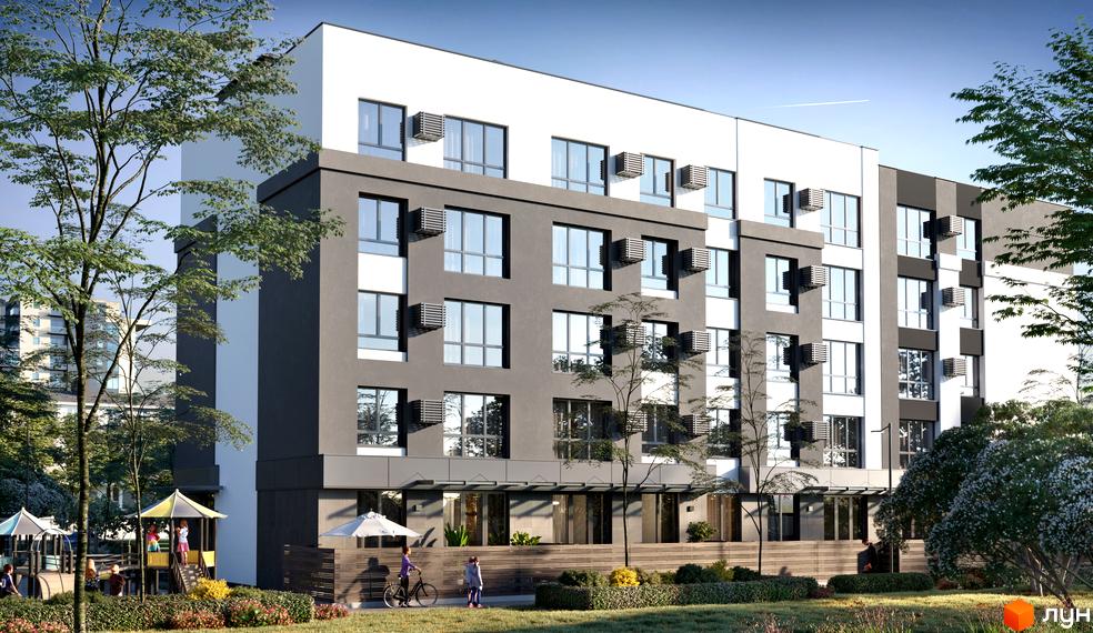 Зображення фасаду та прибудинкової території Житлового комплексу 10AVENUE. На передньому плані дитячий майданчик та зелена зона.