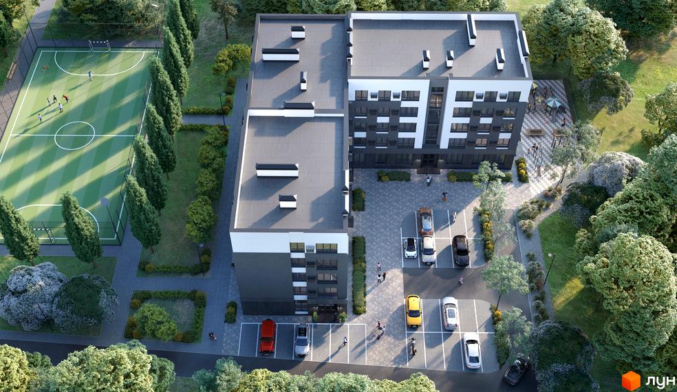 Вид на будівлі ЖК 10AVENUE з висоти пташиного польоту. На території розташовані парковка, дитячий майданчик та спортивний майданчик.