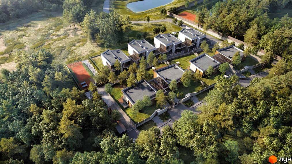 Котеджне містечко КМ Нові Плюти: сучасні будинки серед зелених насаджень, поруч тенісний корт та озеро.