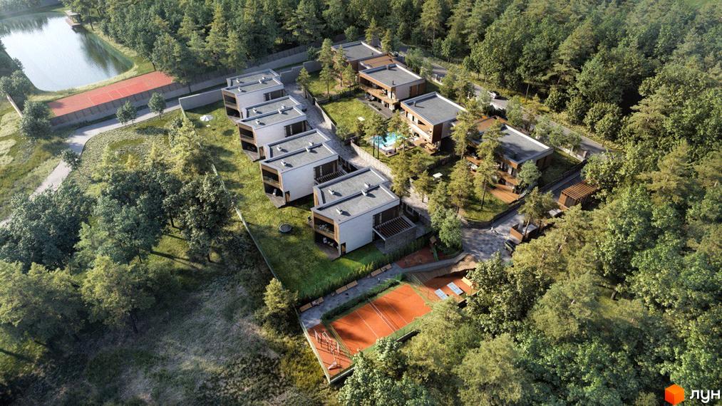 Котеджне містечко КМ Нові Плюти: сучасні будинки серед лісу, поруч тенісний корт та озеро.