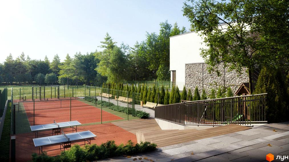 Будинок Котеджного містечка Нові Плюти з білим фасадом та кам'яним оздобленням. На території є тенісний корт, столи для тенісу та спортмайданчик.