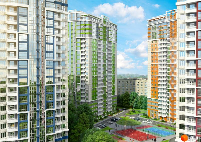 Зображення фасаду та прибудинкової території Комплексу Чотири сезони. Висотні будинки з дитячим та спортивним майданчиками.