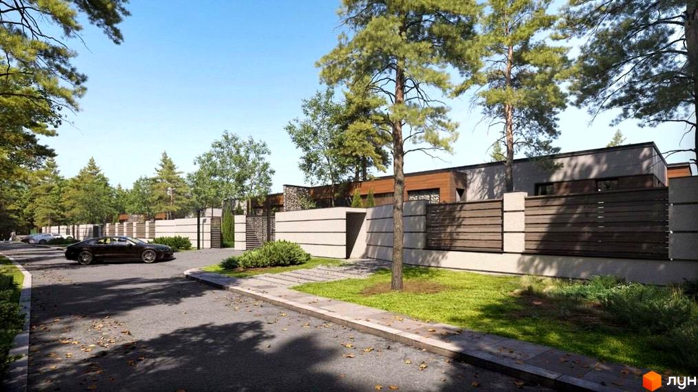 Котеджне містечко Нові Плюти: будинки з плоскими дахами, світлими стінами та темними дерев'яними панелями. Територія має доріжки, зелені газони та багато дерев.