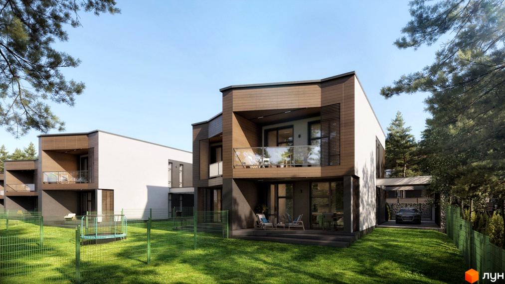 Котеджне містечко Нові Плюти: двоповерхові будинки з дерев'яним оздобленням та скляними балконами на тлі зеленого газону та соснового лісу.