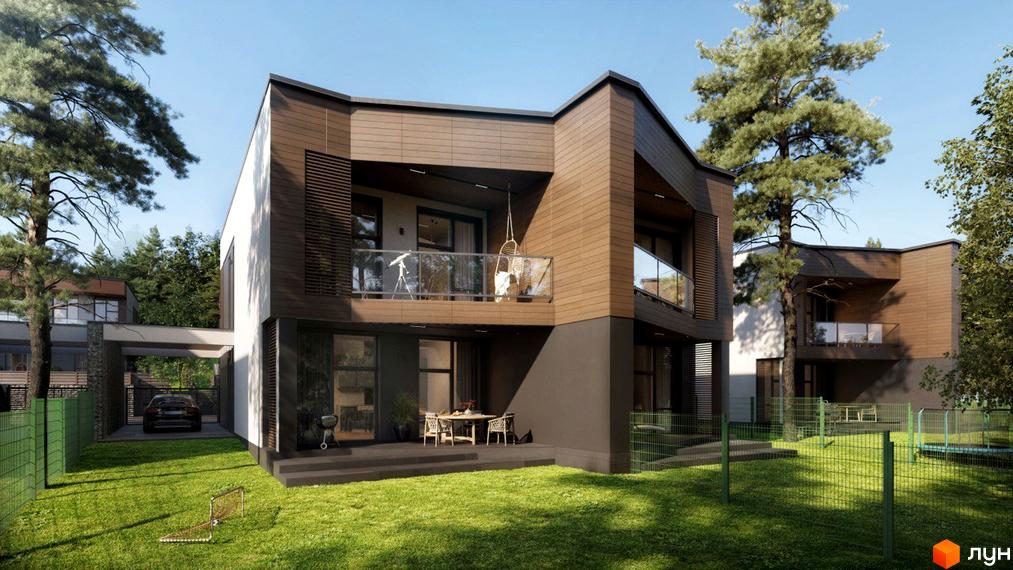 Котеджне містечко Нові Плюти: двоповерховий будинок з темним та світлим фасадом, скляними балконами. Прибудинкова територія з газоном, деревами та зоною відпочинку.