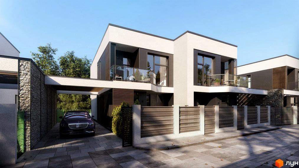 Котеджне містечко КМ Нові Плюти: фасад будинку з великими вікнами та балконами, прибудинкова територія з паркуванням та огорожею.