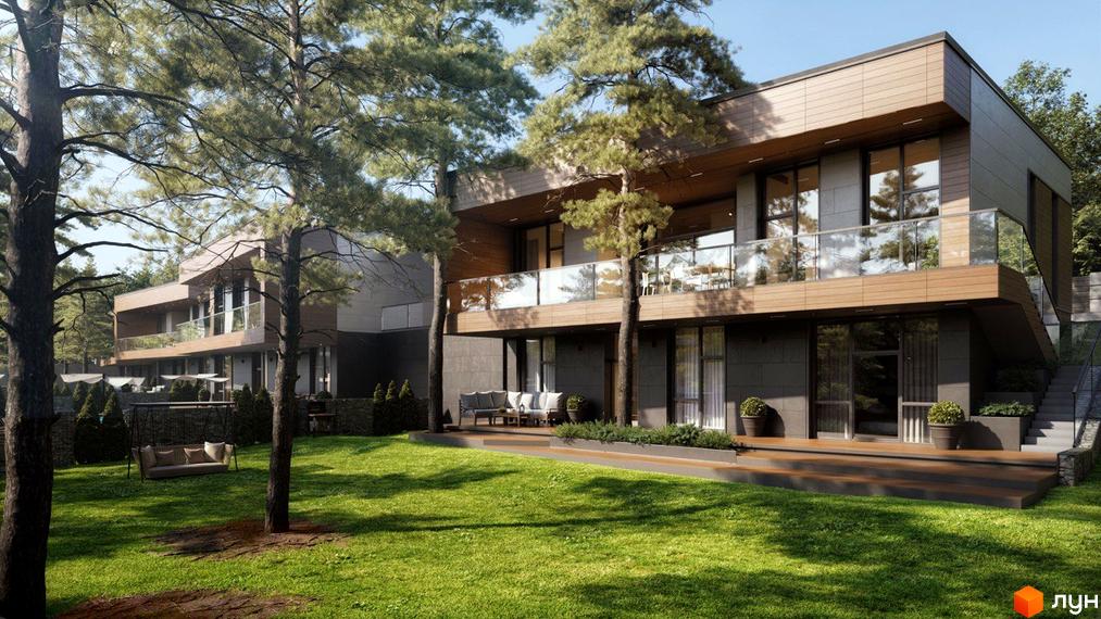 Котеджне містечко КМ Нові Плюти. Сучасний двоповерховий будинок з великими вікнами та скляними балконами на тлі зеленого газону та дерев.
