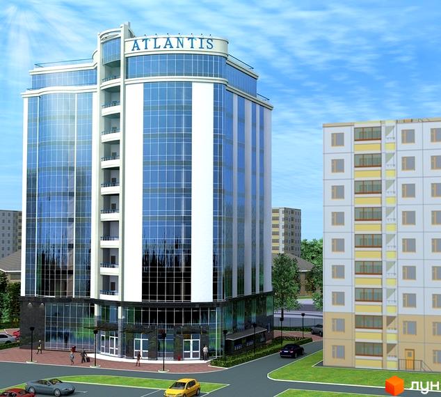 Новобудова ЖК Атлантіс з панорамним склінням та вивіскою на фасаді. Поруч розташована прибудинкова територія з дорогою та автомобілями.