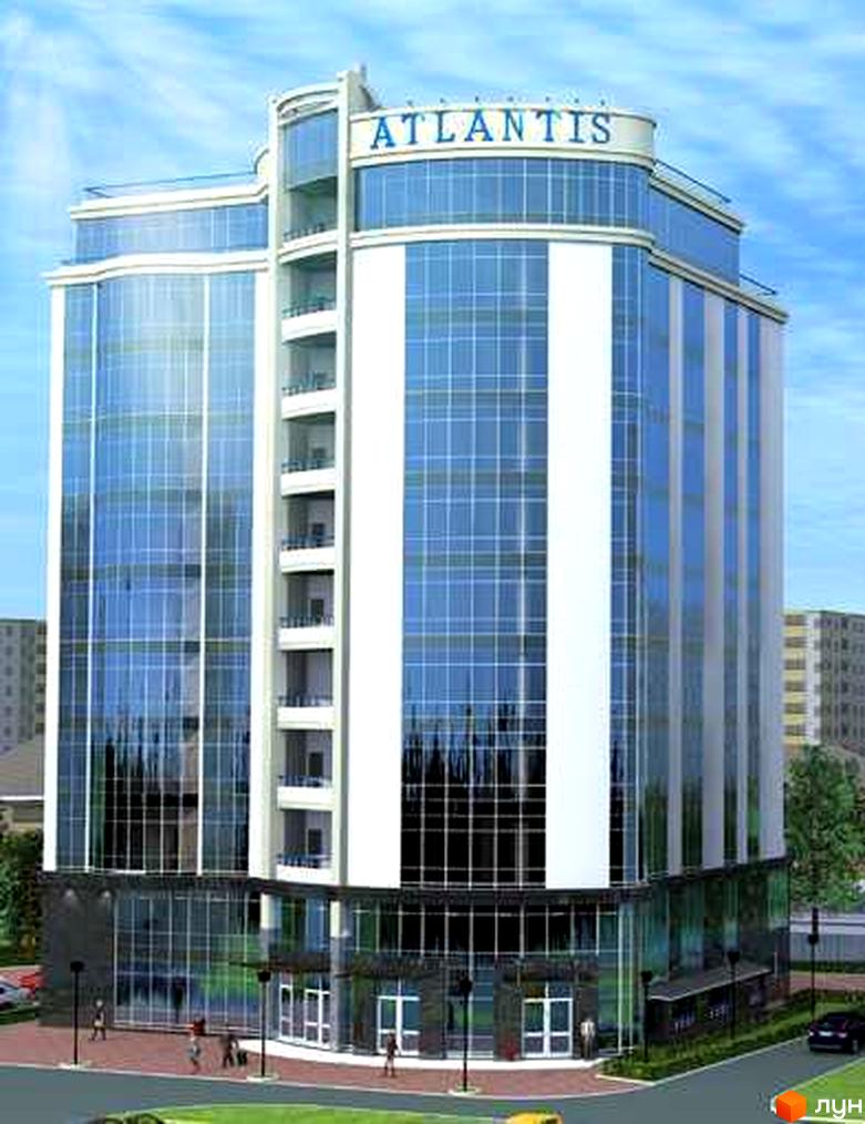 Сучасний житловий комплекс Атлантіс із скляним фасадом та білими вертикальними елементами. Навколо будівлі розташовані зелені насадження та доглянута прибудинкова територія.