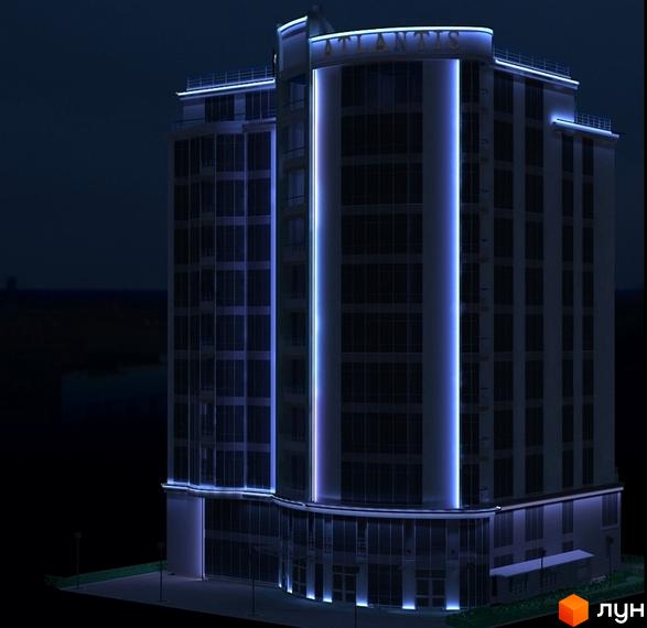 Житловий комплекс Атлантіс у вечірній підсвітці з неоновими елементами. Сучасна архітектура новобудови з панорамними вікнами та прибудинковою територією.