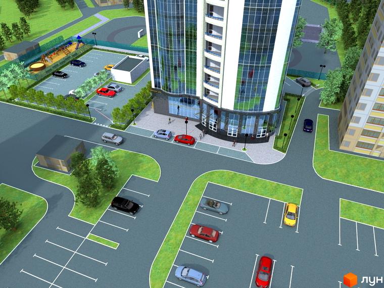 Житловий комплекс Атлантіс: висотна будівля з панорамним склінням та прибудинкова територія з парковкою та дитячим майданчиком.