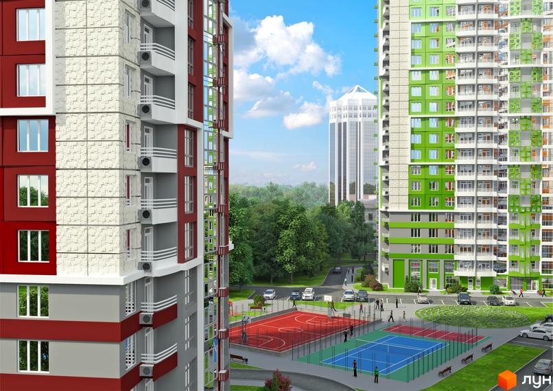 Комплекс Чотири сезони: висотні будинки з фасадами червоних, білих та зелених відтінків. Поруч облаштовані спортивні майданчики, зелені зони та парковки.