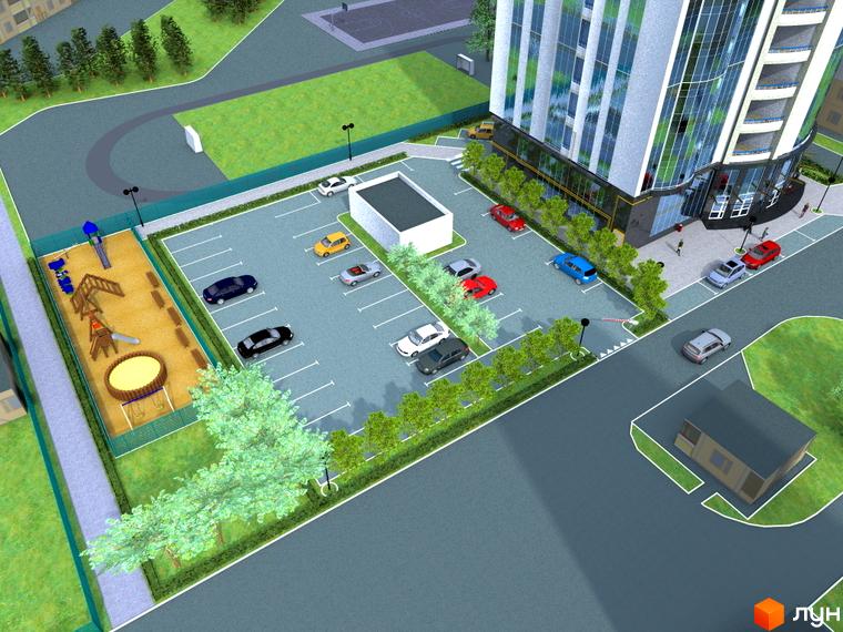 Житловий комплекс Атлантіс з високою скляною будівлею та прибудинковою територією з парковкою та дитячим майданчиком.