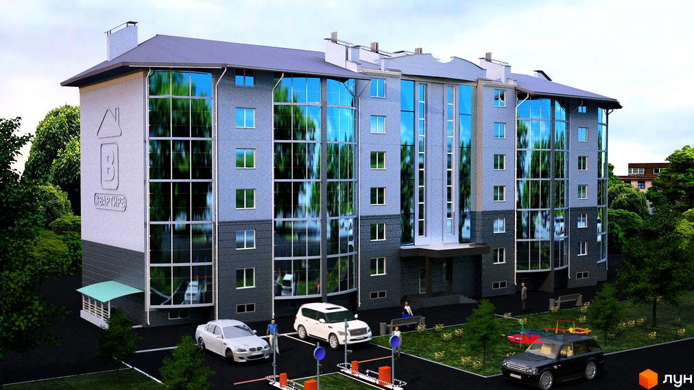 Зовнішній вигляд житлового комплексу Престиж з великими панорамними вікнами та сірим фасадом. На прибудинковій території видно автомобілі та зелені насадження.