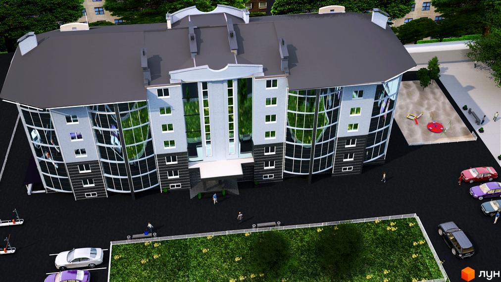 Житловий комплекс Престиж: світло-сірий будинок з панорамним склінням та темним дахом. На території розташовані дитячий майданчик та парковка.