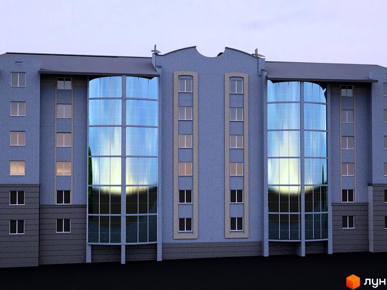 Фасад житлового комплексу Престиж з великими панорамними вікнами та сірими стінами. Будинок має багатоповерхову структуру з чіткими геометричними формами.