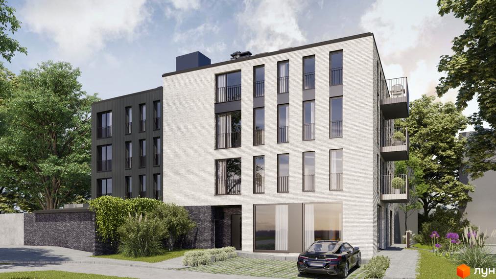 Зовнішній вигляд будинку на вул. Меблярська, 19, з білою цегляною фасадною частиною та темною частиною, що примикає, з прибудинковою територією та зеленими насадженнями.