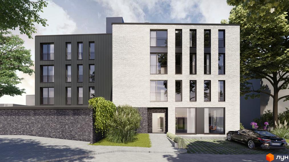 Сучасний житловий комплекс на вулиці Меблярській, 19, з білою цегляною фасадною частиною та темною металевою обшивкою, автомобілем біля входу та зеленими насадженнями.