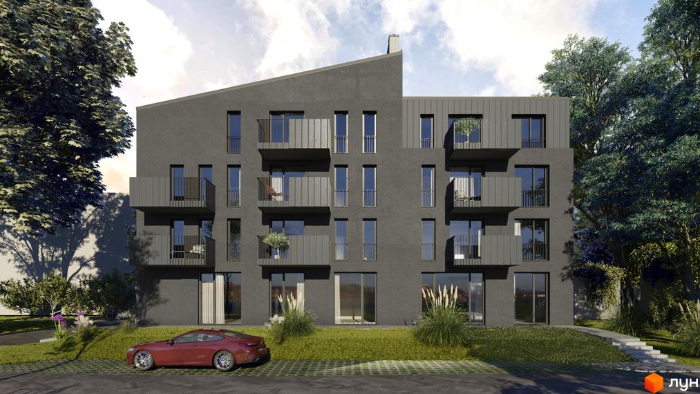 Сучасний житловий комплекс на вулиці Меблярська, 19, з елегантними балконами та доглянутою прибудинковою територією. Навколо будинку зелені насадження та зручна парковка для автомобілів.