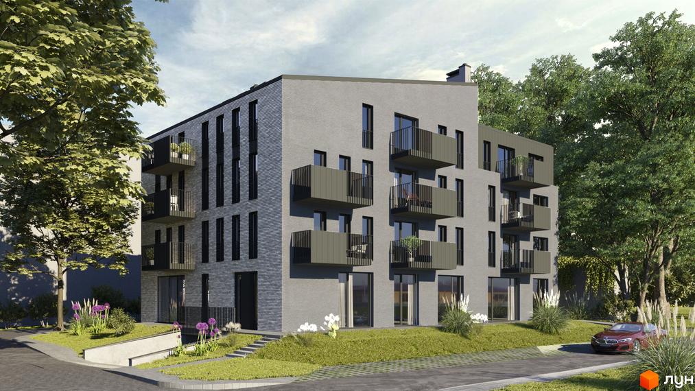 Зовнішній вигляд будинку з сірої цегли з балконами та вікнами. Навколо будинку зелена територія з деревами та квітами.