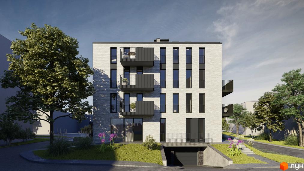 Зовнішній вигляд новобудови на вул. Меблярська, 19, з балконами та великими вікнами, оточеної деревами та зеленою зоною.