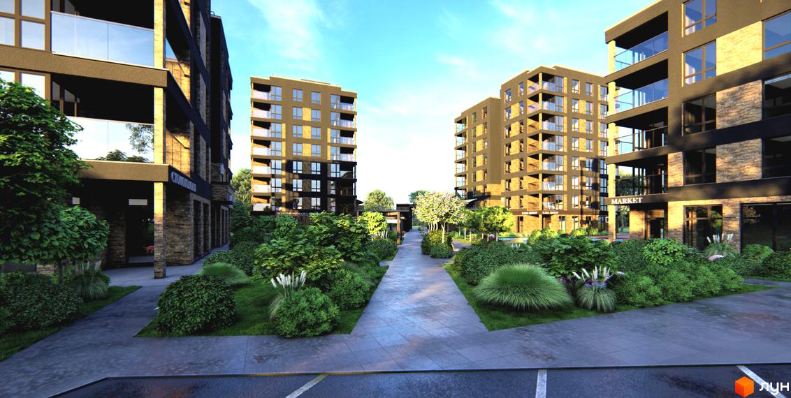 Житловий комплекс River Rika з сучасними фасадами та балконами, оточений доглянутою прибудинковою територією з зеленими насадженнями та пішохідними доріжками.