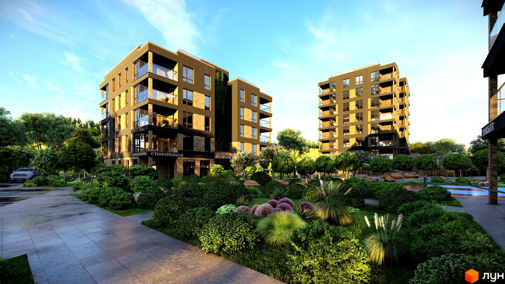 Житловий комплекс River Rika з цегляним фасадом та скляними балконами, оточений доглянутим ландшафтним дизайном з кущами та деревами.