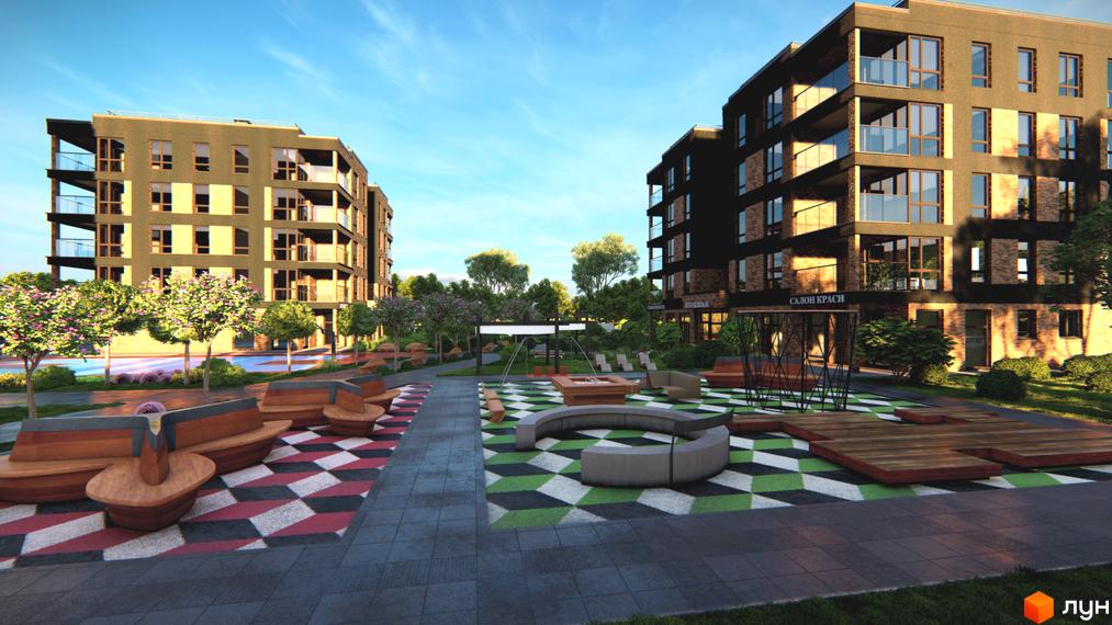 Житловий комплекс River Rika з сучасним фасадом та зоною відпочинку з ландшафтним дизайном. Прибудинкова територія прикрашена зеленими насадженнями та місцями для сидіння.