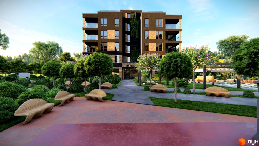 Будинок житлового комплексу River Rika з цегляними та темними фасадами, балконами та зеленим подвір'ям з ландшафтним дизайном та місцями для відпочинку.