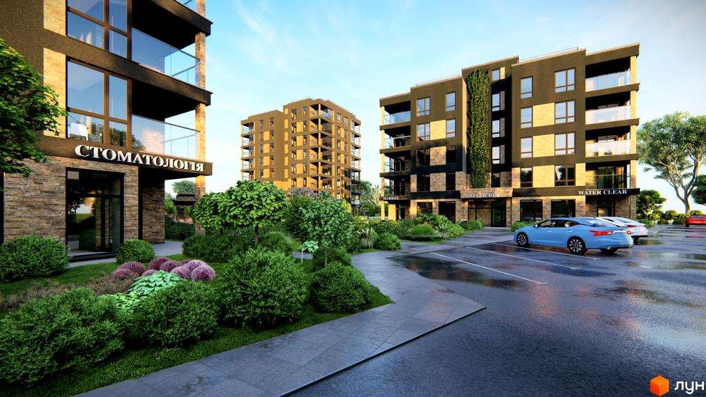 Житловий комплекс River Rika з фасадами з каменю та скла, балконами та зеленню. Прибудинкова територія з парковкою та зеленими насадженнями.