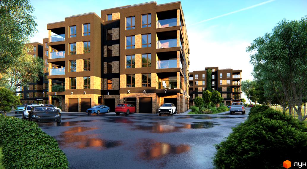 Житловий комплекс River Rika з цегляним фасадом та скляними балконами. Прибудинкова територія з деревами та автомобілями.