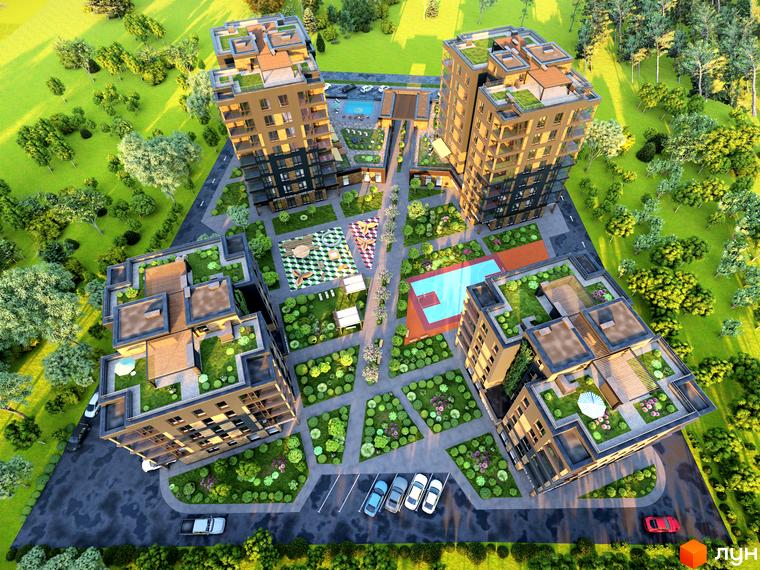 Житловий комплекс River Rika з зеленими терасами та зоною відпочинку з басейном та дитячим майданчиком. Навколо комплексу розташовані дерева та зелені насадження.