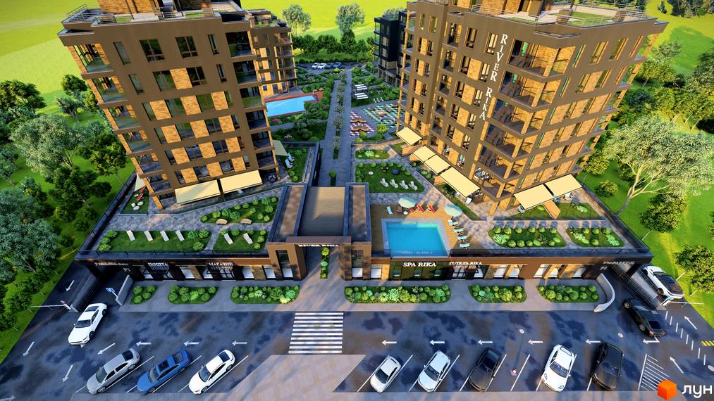 Новобудова River Rika з сірими фасадами та цегляними вставками, з басейном та зеленими зонами відпочинку на прибудинковій території.