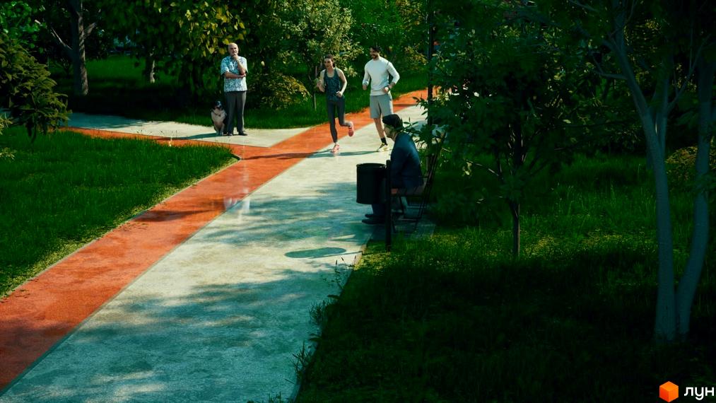 Житловий комплекс Sense City: люди гуляють парком біля будинку. Зелена прибудинкова територія з доріжками для прогулянок та бігу.