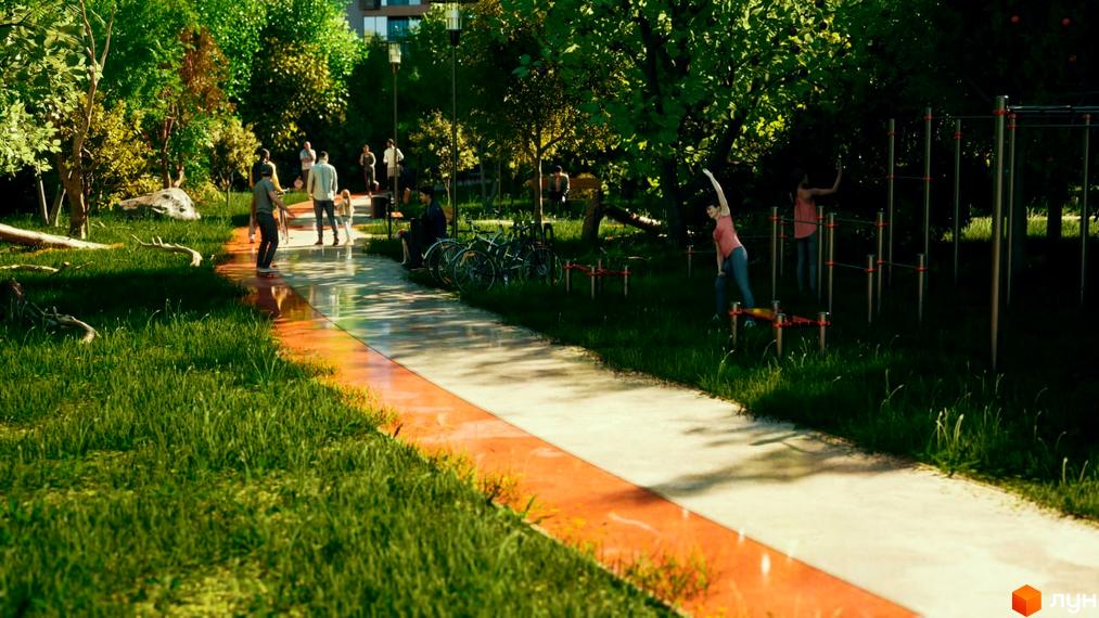 Житловий комплекс Sense City з зоною для тренувань та відпочинку на свіжому повітрі. Паркова зона з доріжками для прогулянок та велосипедів.