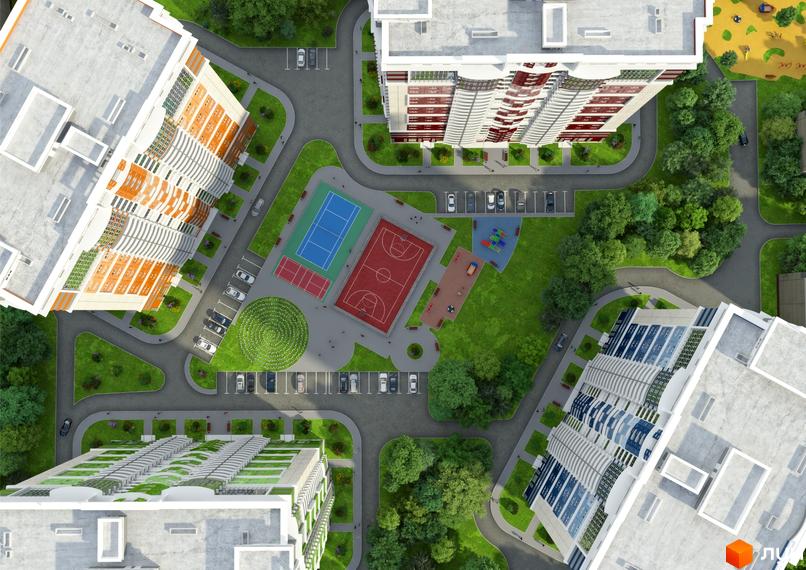 Вигляд зверху на Житловий комплекс Чотири сезони. На фото багатоповерхові будинки та облаштована прибудинкова територія з дитячим та спортивним майданчиками.