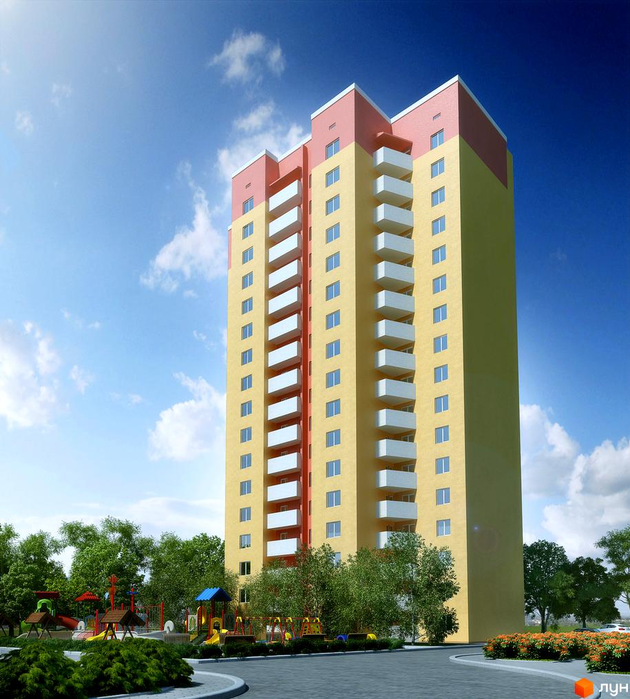 Житловий комплекс на вул. Симона Петлюри (Черняховського), 36, 36а, 36б. Багатоповерховий будинок жовто-рожевого кольору з білими балконами. Поруч дитячий майданчик та зелені насадження.