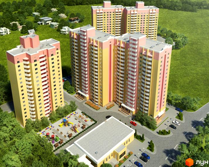 Житловий комплекс на вул. Симона Петлюри (Черняховського), 36, 36а, 36б. Три висотні будинки жовто-рожевого кольору з балконами, поруч дитячий майданчик та парковка.