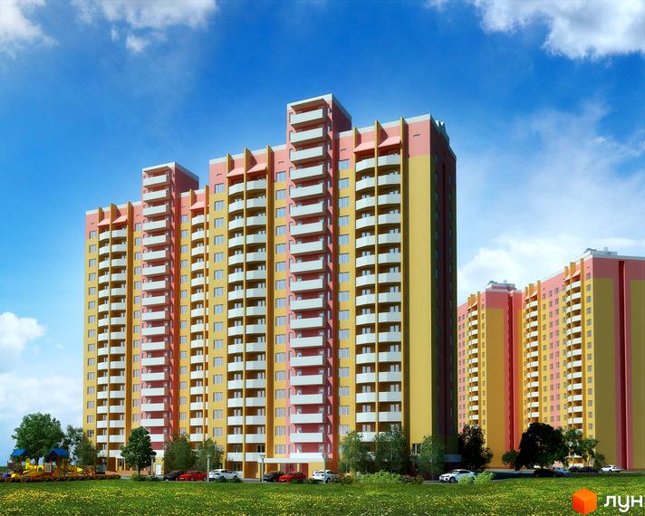 Новобудова на вул. Симона Петлюри (Черняховського), 36, 36а, 36б. Багатоповерхові будинки жовто-рожевого кольору з білими балконами на тлі блакитного неба. Поруч зелений газон, дерева та дитячий майданчик.